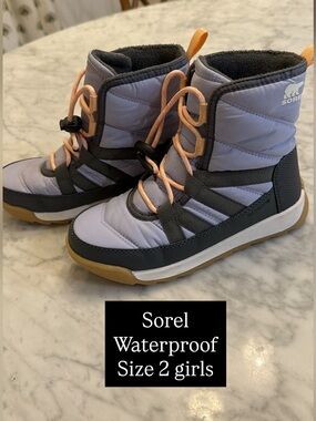 Sorel Girls Waterproof Snow Boots in Light Purple with Peach Laces